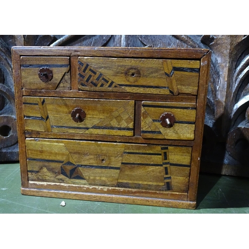 338 - A small Oriental jewel chest, and a pair of carved oak panels, with stylised floral designs, height ... 