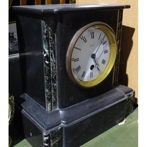 339 - A slate mantel clock with marble insets by Hallett of Hastings, height 9