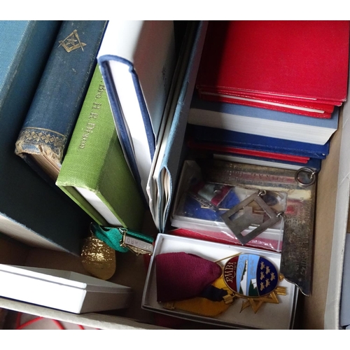 34 - A box of Masonic items, including badges, and another box with Masonic regalia