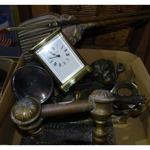 345 - A fire shovel and poker, a carriage clock, a hanging metal cupid etc