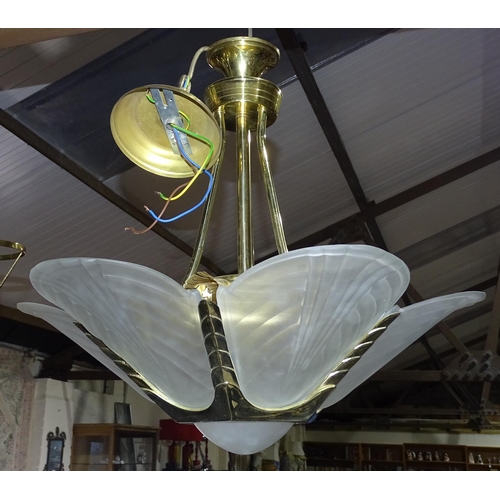 390 - A 5-branch brass chandelier, and another with glass panels