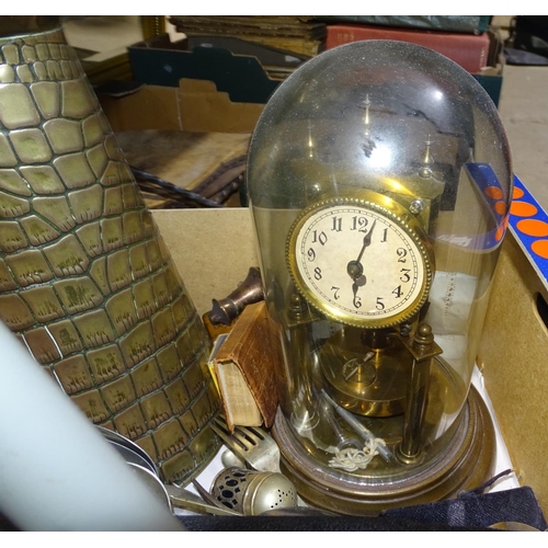 432 - A 400-day clock under dome, a brass jug, cutlery etc