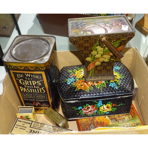 436 - A boxful of decorative tins etc, including a Huntley and Palmers biscuits tin basket