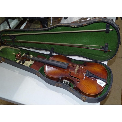 439 - A violin and 2 bows in case