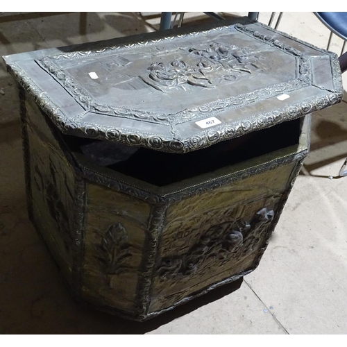 467 - A Victorian embossed brass log bin, and a copper bed warming pan