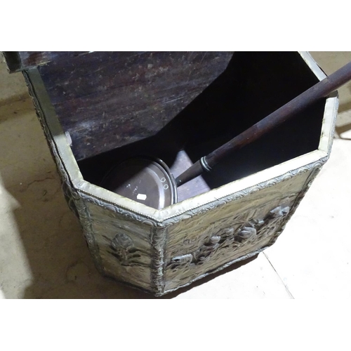 467 - A Victorian embossed brass log bin, and a copper bed warming pan