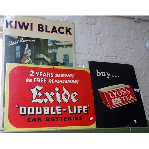 49 - 3 aluminium signs - Exide, Kiwi and Lyons Tea, height 20