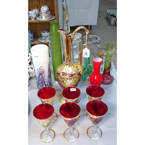 501 - A Venetian gilded and enamelled glass decanter set