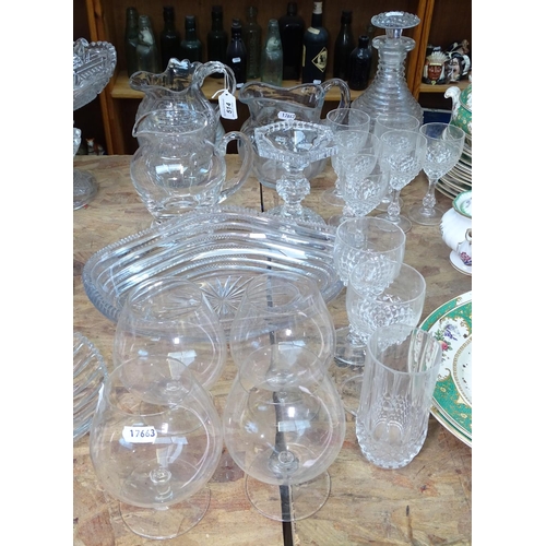 514 - A cut-glass decanter and stopper, a cut-glass jug, goblets etc