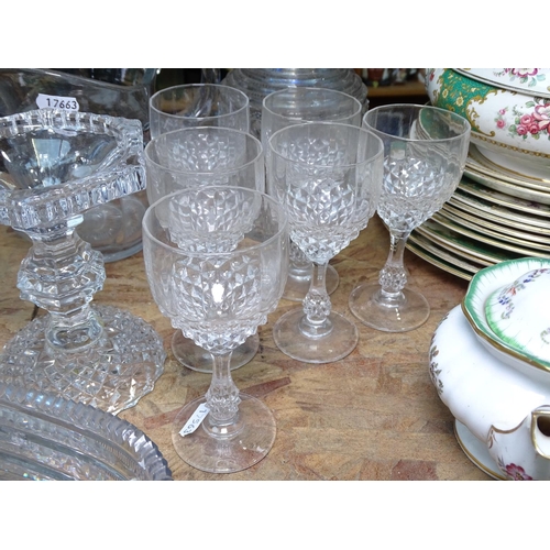 514 - A cut-glass decanter and stopper, a cut-glass jug, goblets etc