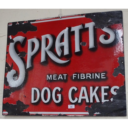 52 - A Vintage enamel sign advertising Spratts Meat Fibrine Dog Cakes, 76cm x 61cm