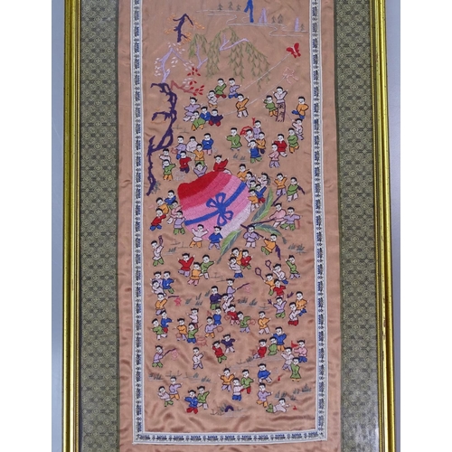 53 - 3 framed Chinese embroidered silk panels, largest height 30