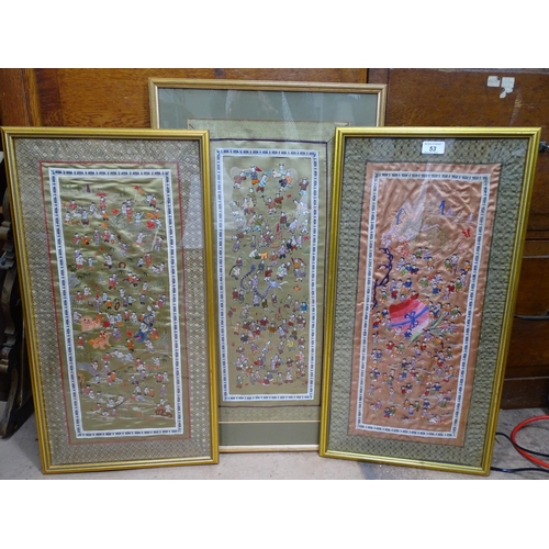 53 - 3 framed Chinese embroidered silk panels, largest height 30