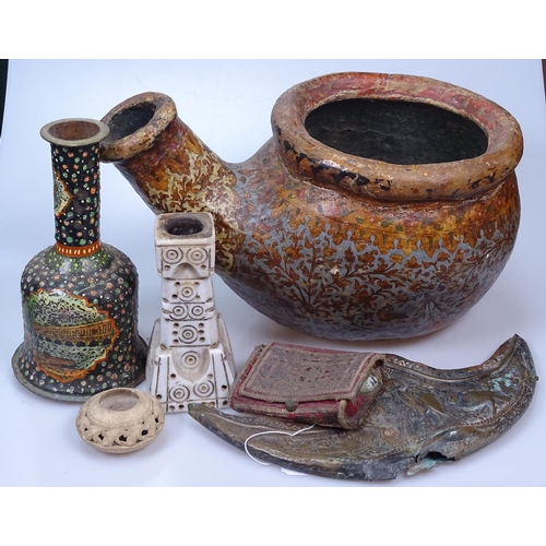 55 - A group of Middle Eastern items, including a large gilded and lacquered water flagon, length 35cm