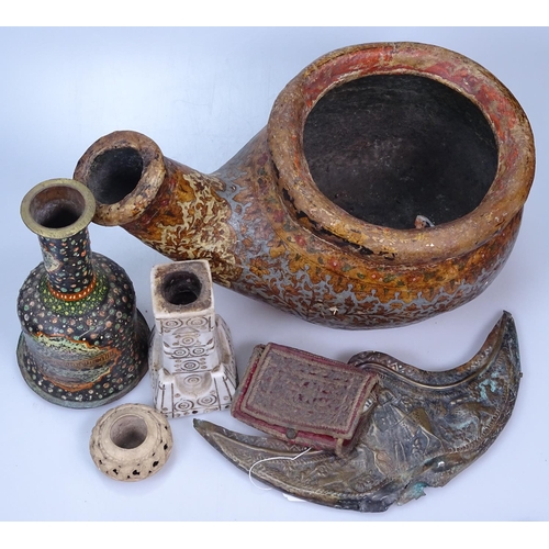 55 - A group of Middle Eastern items, including a large gilded and lacquered water flagon, length 35cm