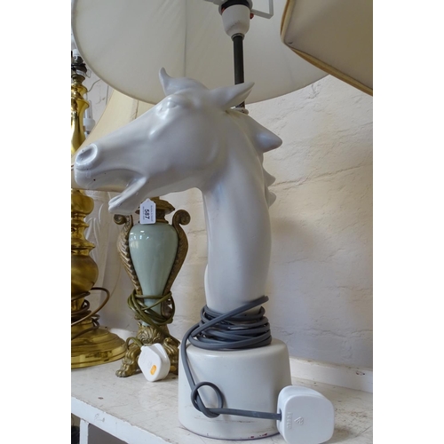 587 - A horse head design table lamp and shade, 25