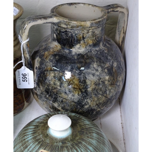 596 - A Studio pottery cheese dish and butter dish, a jug etc