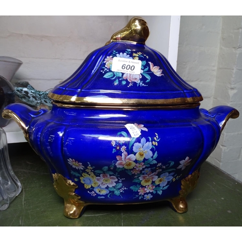 600 - An Italian soup tureen, a pair of Antique decanters, a Chinese glass dog with boy etc