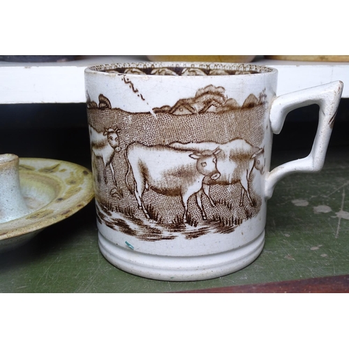 601 - A tray with inset Victorian tiles, a Victorian mug, and various plates