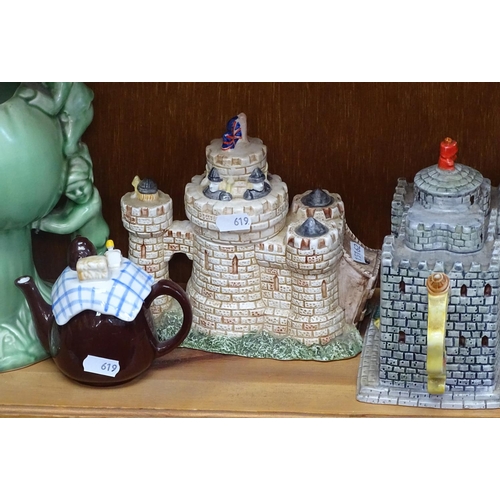 619 - 2 shelves of novelty teapots and ornaments