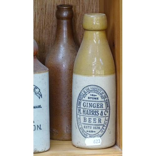 623 - Stoneware ginger beer bottles and flagon