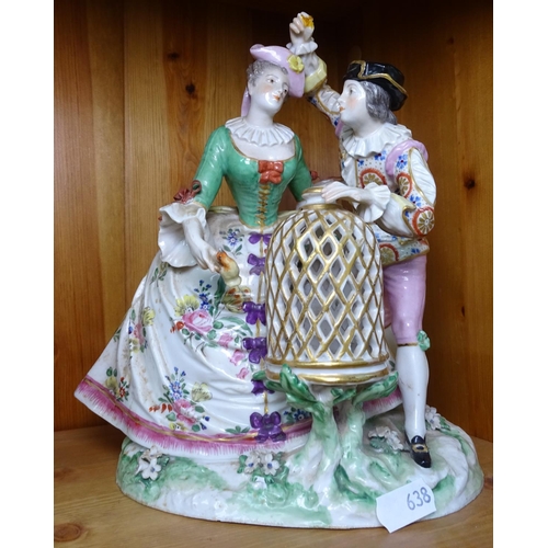 638 - A Sampson couple with birdcage, a Sampson girl with basket, a German porcelain gentleman, and a Staf... 