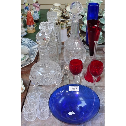 674 - Glass decanters and stoppers, coloured glass vases etc