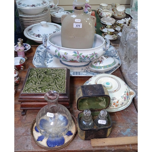 675 - A meat plate, a tureen, tile top stands etc