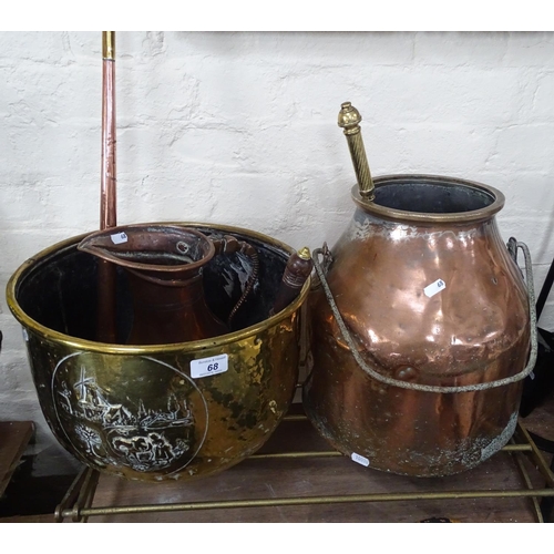 68 - A coppered churn, a brass coal bucket, a copper jug etc