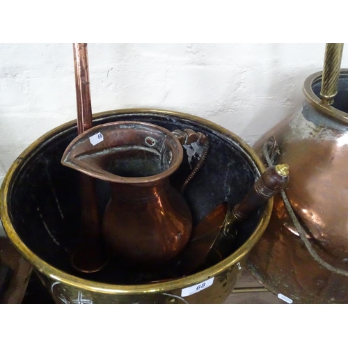 68 - A coppered churn, a brass coal bucket, a copper jug etc