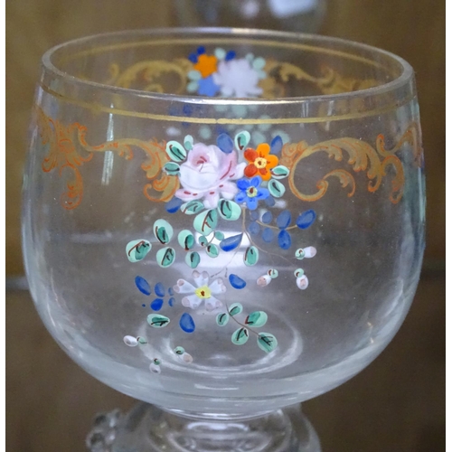 727 - A pair of glass rummers with floral decoration, height 7.5