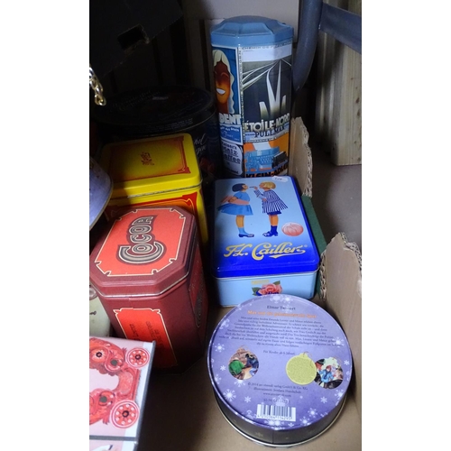 750 - Decorative tins and various jigsaw puzzles, puzzles and handbags etc