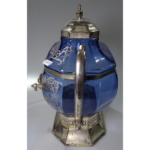 800 - A silver plated and blue glass 2-handled samovar, with engraved decoration, height 30