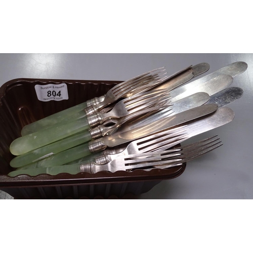 804 - A suite of 9 silver plated and green stone-handled knives and forks