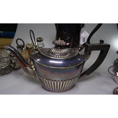 806 - A Victorian silver plate on copper wine funnel, tea and coffee ware, cruet sets etc