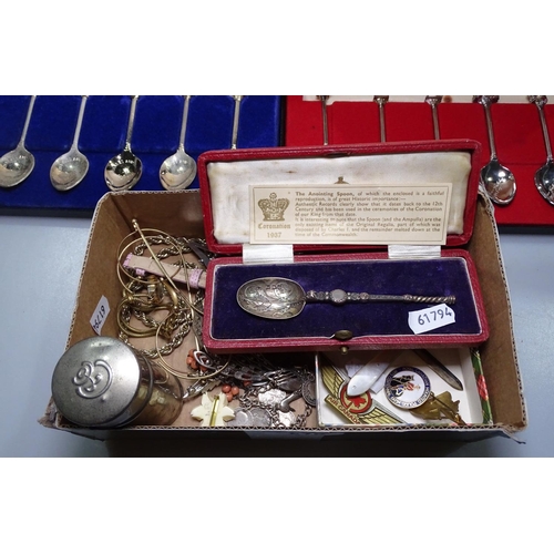 810 - A silver thrup'ney bit bracelet, Cinderella watch, 2 Royal Canadian Mounted Police badges, an enamel... 