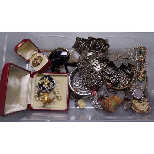 812 - A silver plated Nurse's belt, a gilt-metal and pearl set target brooch, and various other costume je... 