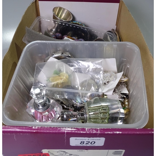 820 - A box of mixed cutlery, costume jewellery, a scent bottle etc