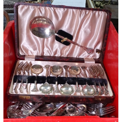 838 - A large quantity of mixed plated cutlery, and a cased dessert set