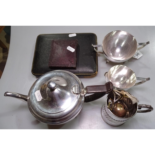 843 - A 3-piece silver plated tea set, a tankard, a cased set of 6 silver pistol-handled tea knives etc