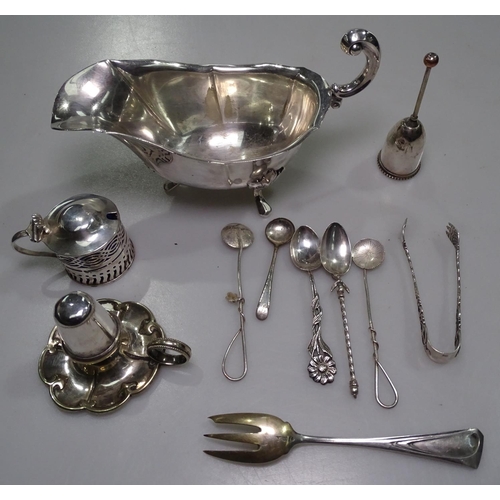 851 - A pierced silver mustard pot with liner, Continental silver fork and spoons, a plated sauce boat etc