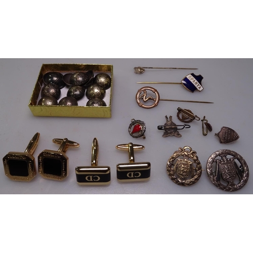 870 - A set of 12 silver buttons, badges, stickpins, Christian Dior cufflinks etc