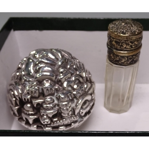 876 - A silver mizrahi bakk desk piece, and a silver-topped scent bottle