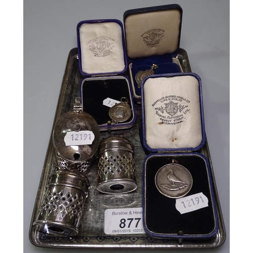 877 - 3 silver fobs, and a 3-piece silver plated cruet with Bristol blue glass liners