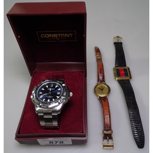 878 - A gent's Constant quartz wristwatch, and 2 lady's Gucci quartz wristwatches