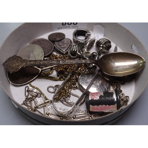 888 - A Celtic silver spoon, silver tongs, a salt spoon, a Scottish silver brooch etc