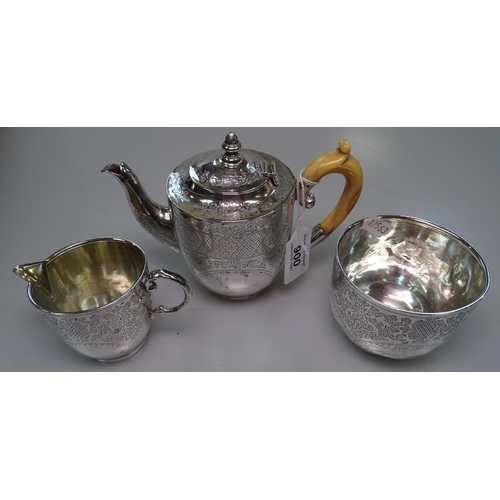 900 - A Victorian engraved silver batchelor's tea set, hallmarks for London 1886, 14.9oz