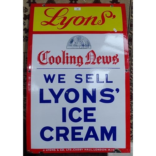 91 - A Vintage enamel advertising sign for Lyons' Cooling News 