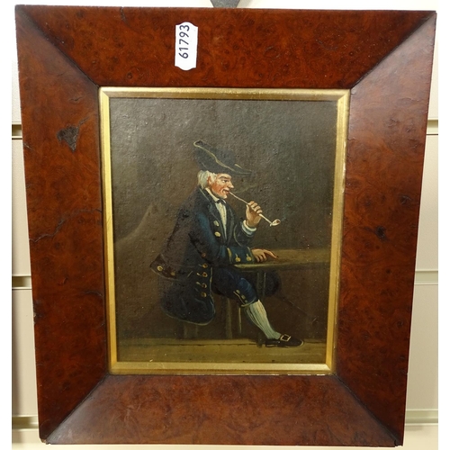 941 - A pair of 19th century oil on panels, smoking gentlemen, maple framed