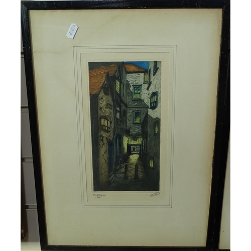 947 - A pair of Continental hand coloured etchings, London street scenes, framed